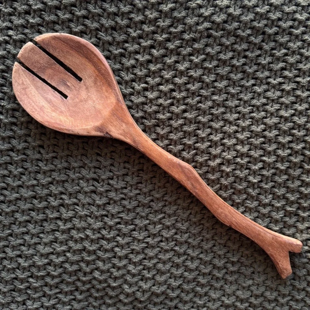 Hand Carved Wooden Serving Spoon Slotted 11 Inch Rustic Branch Organic Earthy